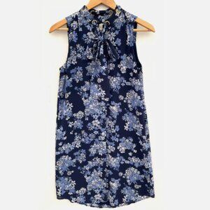 MICHAEL KORS Blue Floral Tie Neck Sleeveless Button Up Shirt Dress Lined Size S